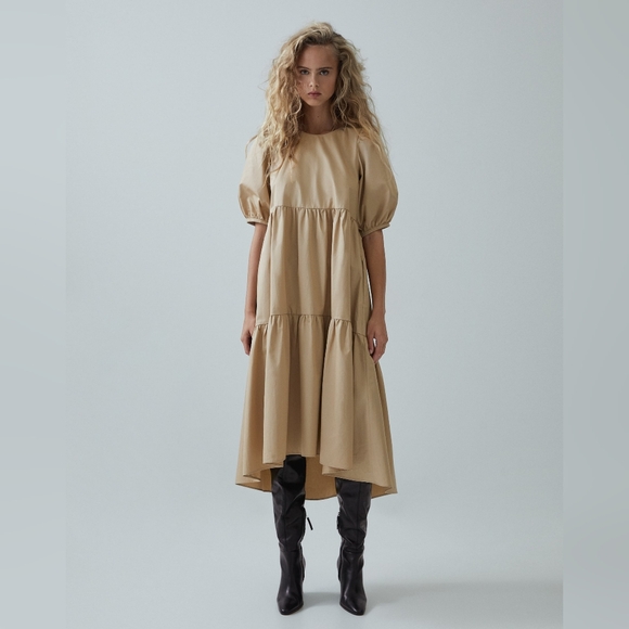 Zara Dresses & Skirts - Zara Tan Cotton Puff Sleeves Tiered Maxi Dress.